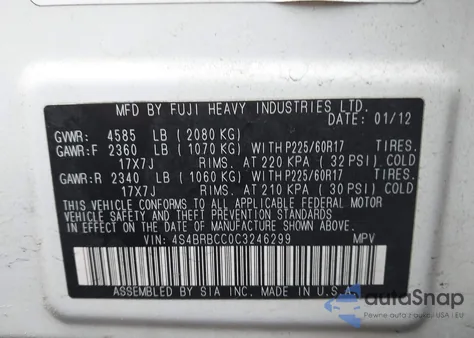 2012 Subaru Outback 2.5I Premium from USA, damaged, VIN 4S4BRBCC0C3246299